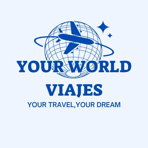 logo your world viajes en color azul con un avión y una frase que pone your travel, your dream